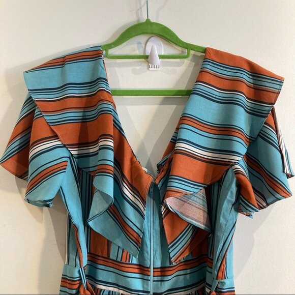 ELIZABETH LIMA Sz L Jumpsuit With Ruffles Wide Leg Pant Belt Bat Sleeve NWT - Picture 11 of 17